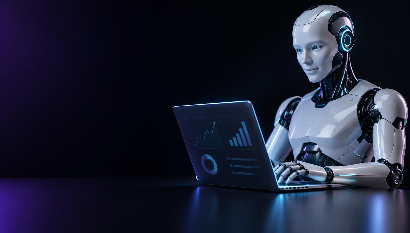 AI business assistant working at a laptop